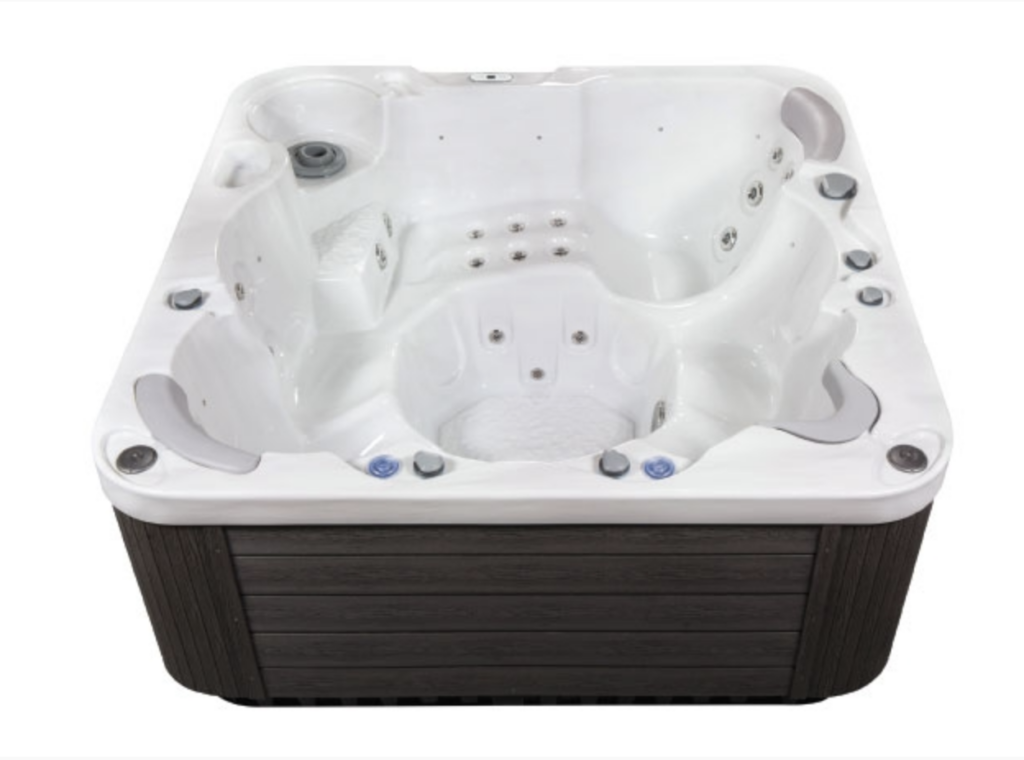 Luxe witte jacuzzi met meerdere zitplaatsen en houten ombouw aangeboden door Westspa